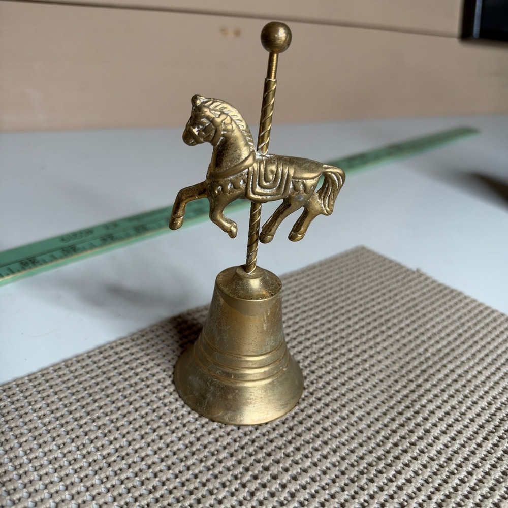 Vintage Solid Brass Carousel Horse Hand Bell Decorative Collectible